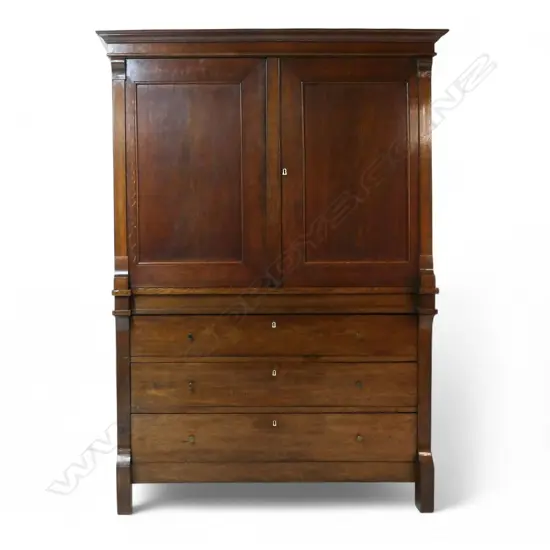 A large 19thC European Belgium, Flanders oak linen press, c.1880